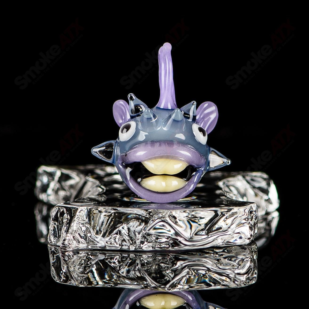 Chadd Lacy Glass heady pendant featuring a marble-patterned four-puffer slurper design with vibrant colors and intricate glasswork.