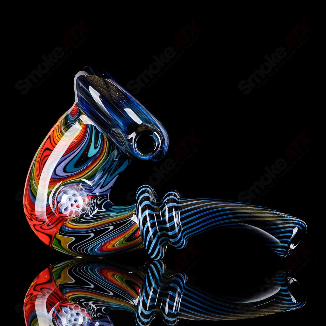 Small Wig Wag Sherlock heady glass pipe with Milli accent by JMass, featuring vibrant colors and intricate glass details.