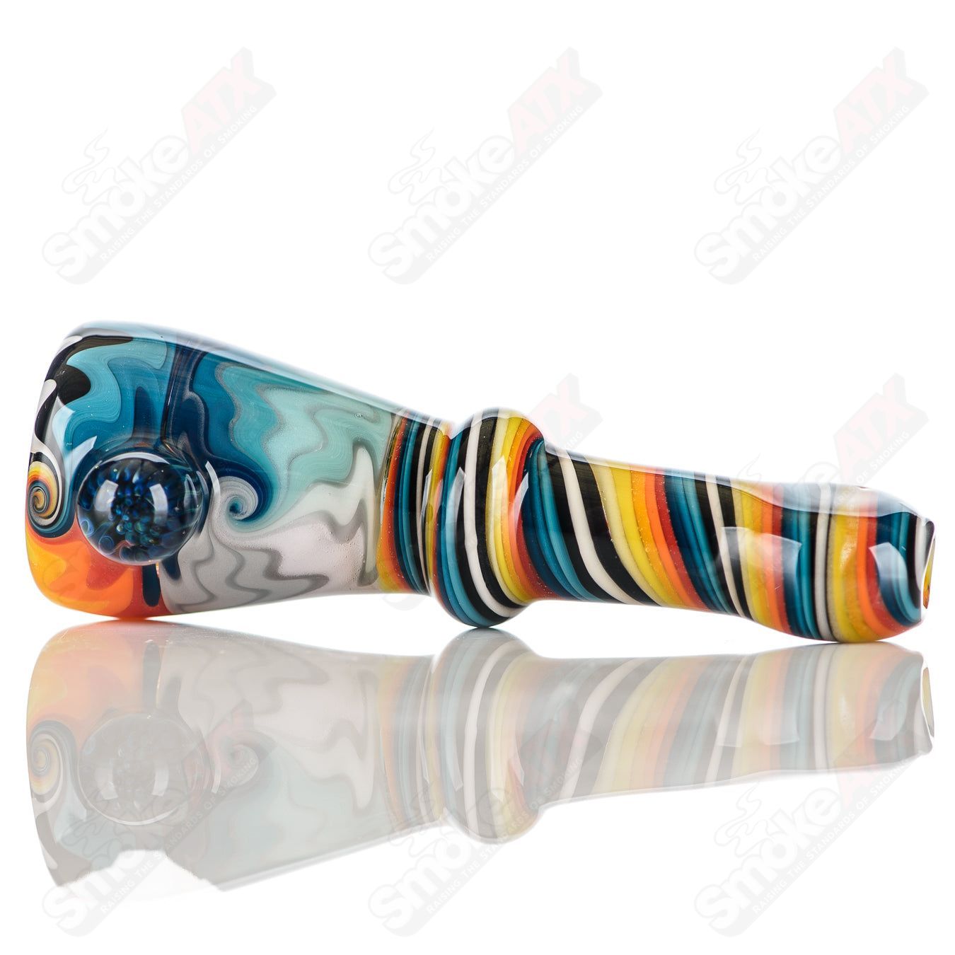 Katy Wright Glass Wig Wag Chillum, handcrafted heady glass pipe with colorful wig wag design for smoking or display.