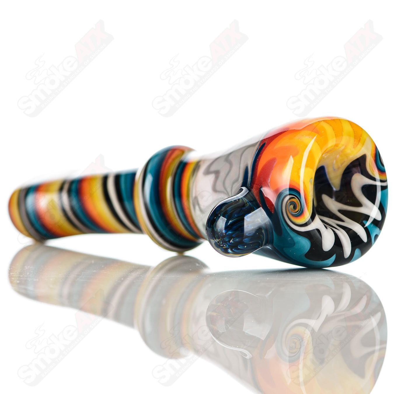 Katy Wright Glass Wig Wag Chillum, colorful heady glass pipe with wig wag pattern, compact and artistic design.