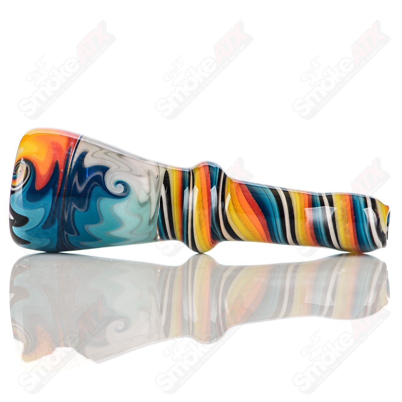 Katy Wright Glass Wig Wag Chillum, colorful heady glass pipe with wig wag pattern, designed for smoking.