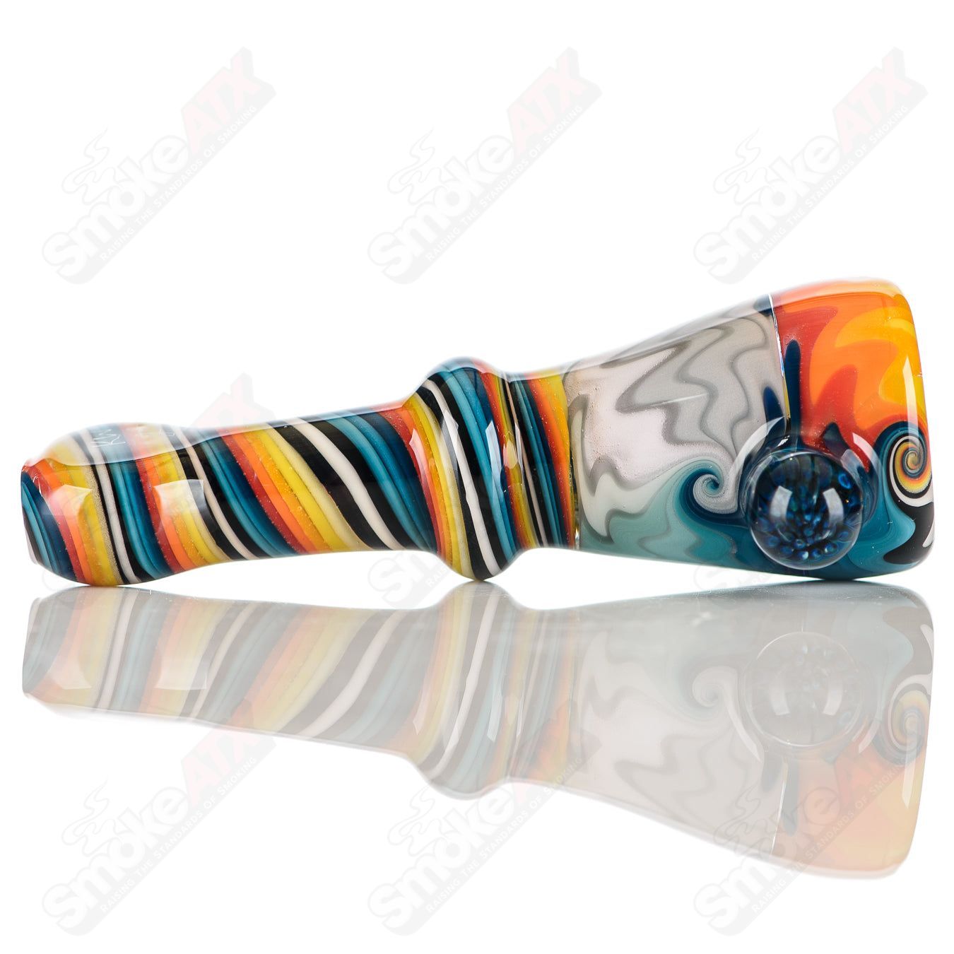 Katy Wright Glass Wig Wag Chillum, colorful heady glass pipe with a wig wag design, designed for smoking.