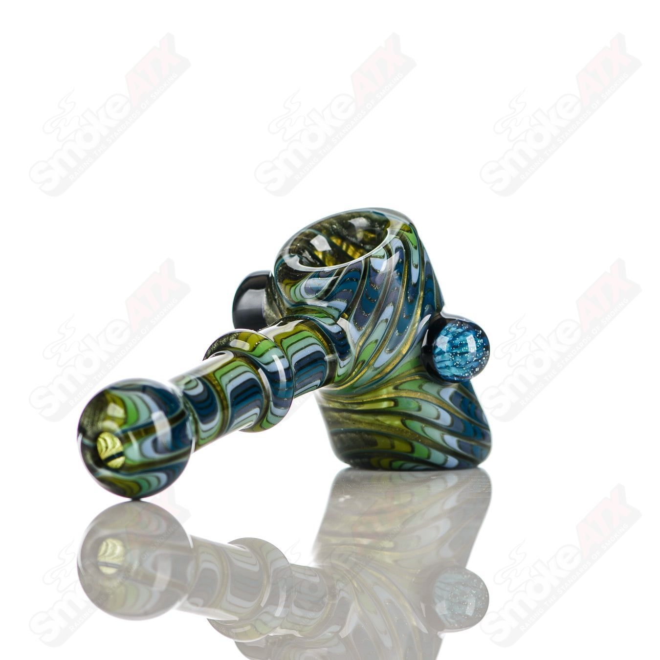 Katy Wright Glass Wig Wag Hammer Dry Pipe, heady glass hand pipe with colorful wig wag design and hammer shape.