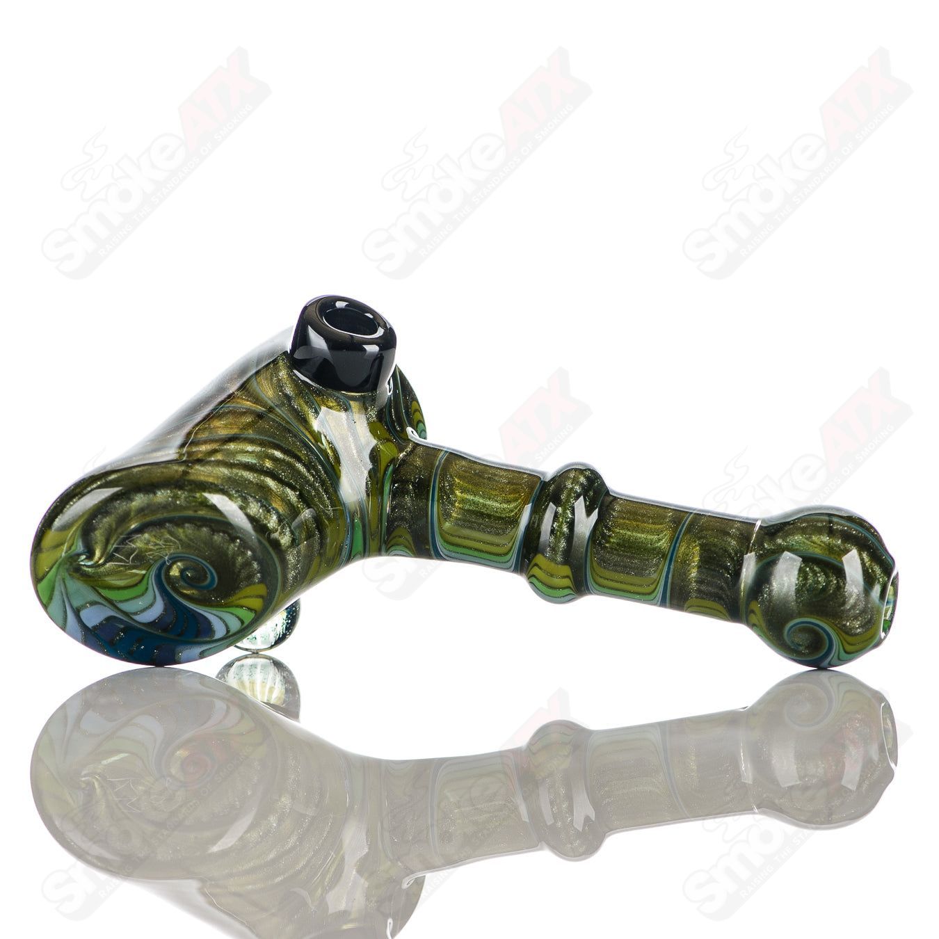 Katy Wright Glass Heady Glass Wig Wag Hammer Dry Pipe with colorful wavy patterns and intricate glass craftsmanship.