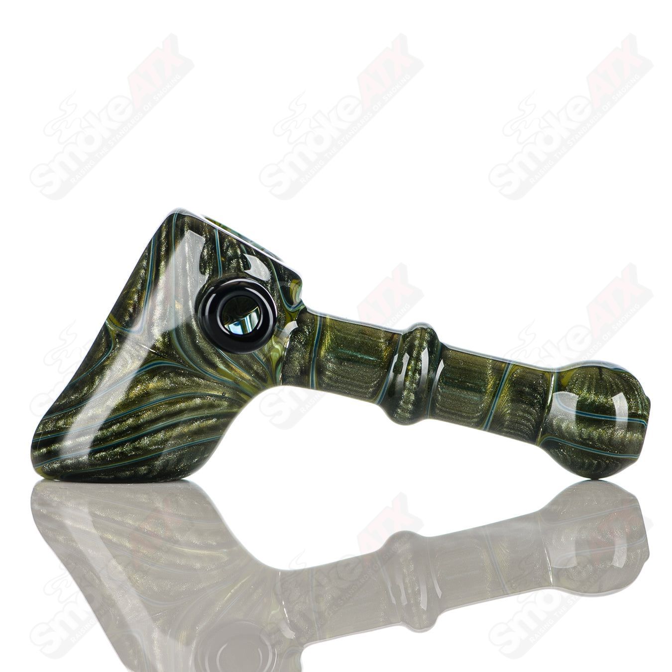 Katy Wright Glass Wig Wag Hammer Dry Pipe, heady glass hand pipe with colorful wig wag pattern and hammer shape.