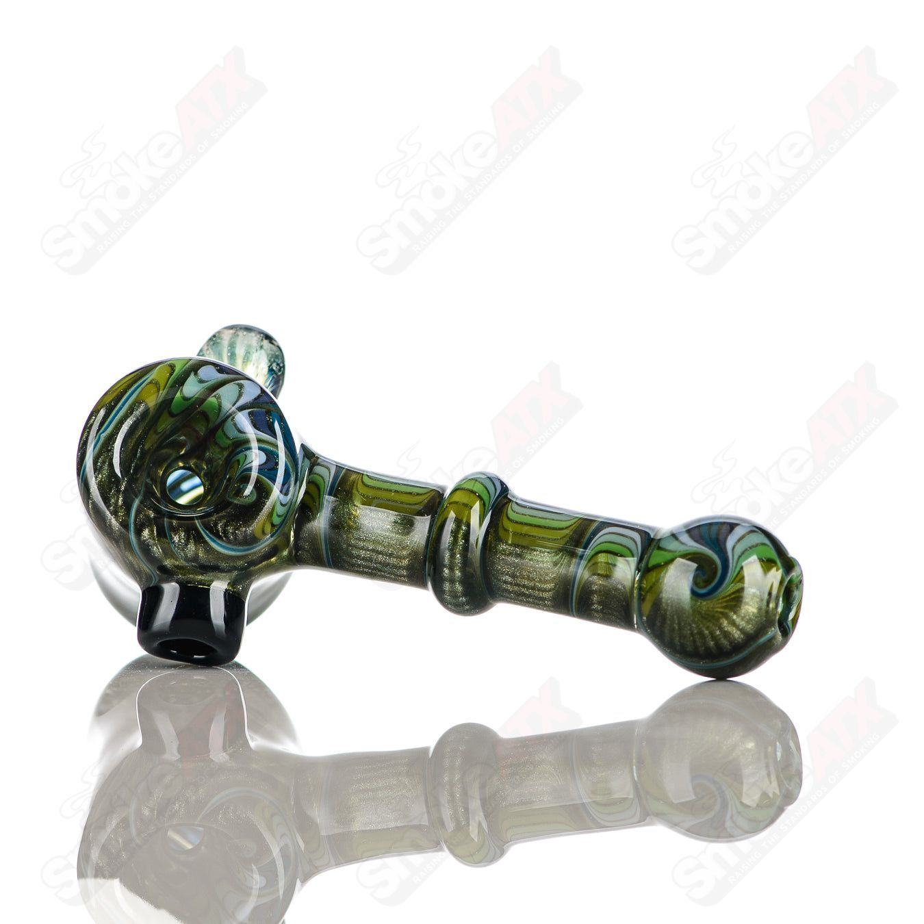 Katy Wright Glass Wig Wag Hammer Dry Pipe, heady glass hand pipe with colorful wig wag design and hammer shape.