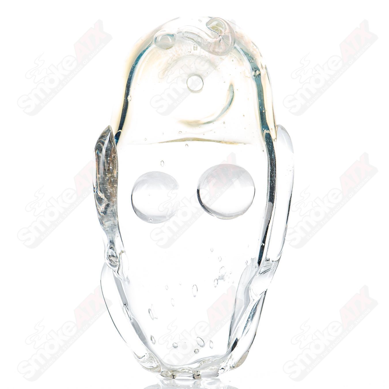 Glass Goddess Pipe by Nobody, clear glass smoking pipe featuring intricate goddess design and smooth, rounded shape.