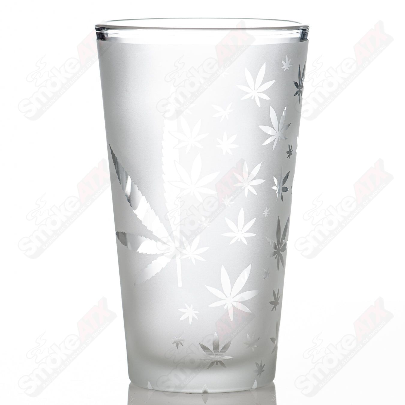 420 Blasted Pint Glass from Fatal Facets, a heady glass cup with a textured 420 design and detailed frosted finish.
