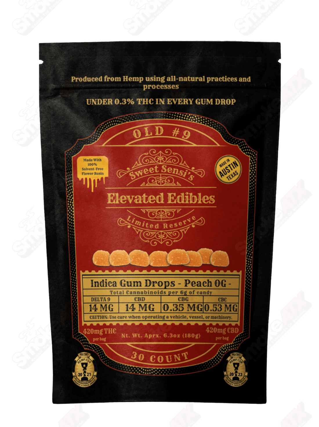 Pack of 30 Peach OG Indica THC hemp edibles, Sweet Sensi 420mg D9 gummy drops with colorful peach-flavored gummies.