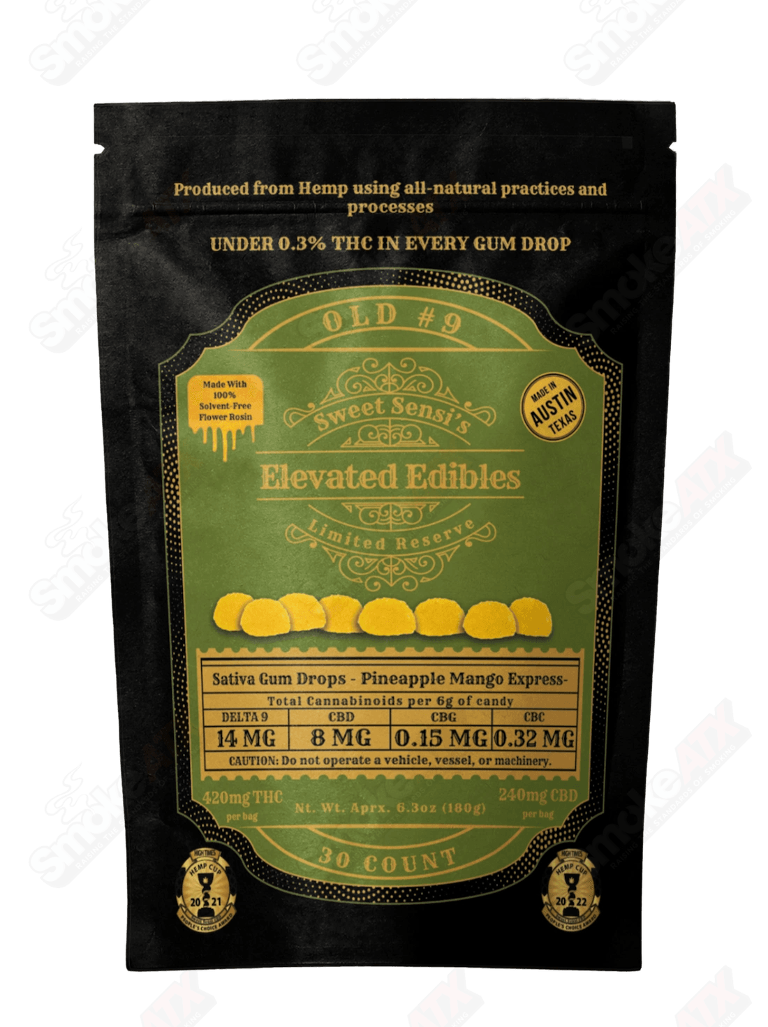 420mg D9 Sativa hemp edibles, Pineapple Mango Express gummies by Sweet Sensi, 30-count THC-infused gummy drops.