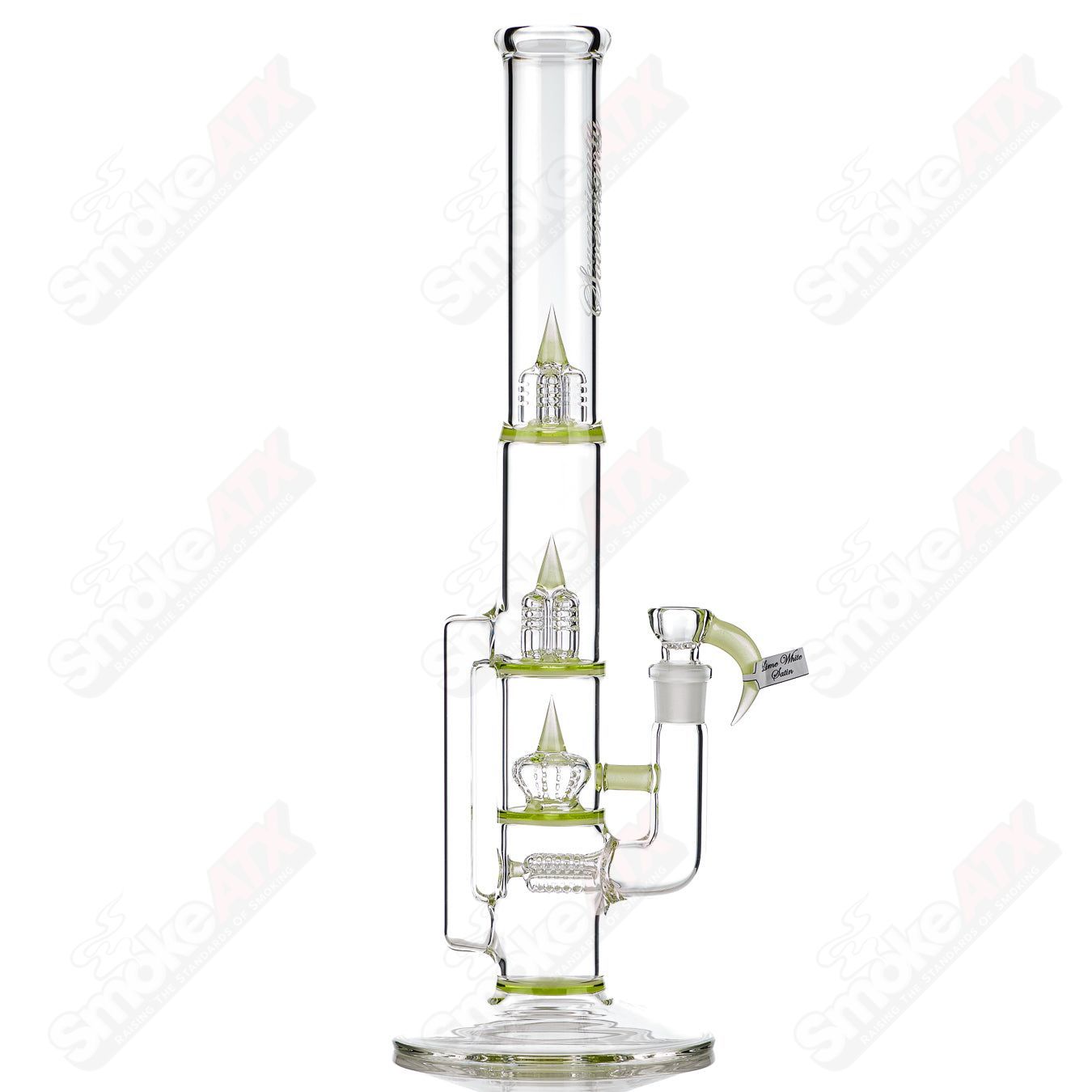 44mm Sovereignty Glass Treecycler straight tube with Lime White Satin UV splashguard, partial seal accents, and beveled edges.