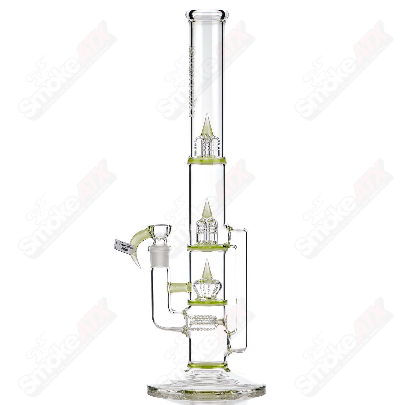 44mm Sovereignty Glass Treecycler straight tube with lime white satin UV splashguard, partial seal accents, and sleek design.