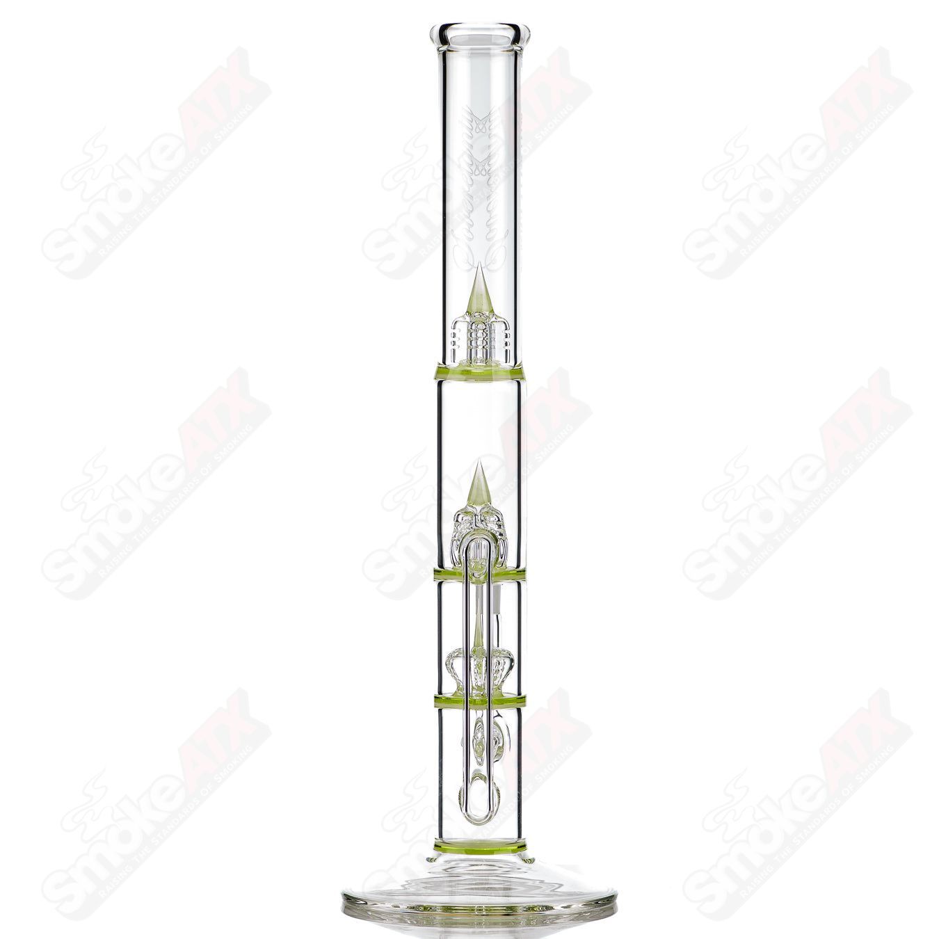 44mm Sovereignty Glass Treecycler Threeline straight tube with lime white satin UV splashguard, partial seal accents, and clear glass finish.