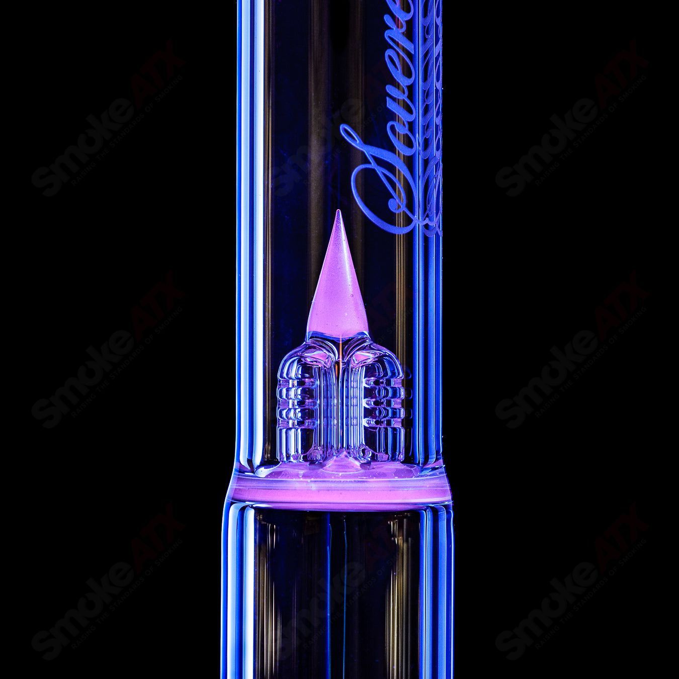 44mm Sovereignty Glass Treecycler straight tube with lime white satin UV splashguard, partial seal accents, and sleek design.