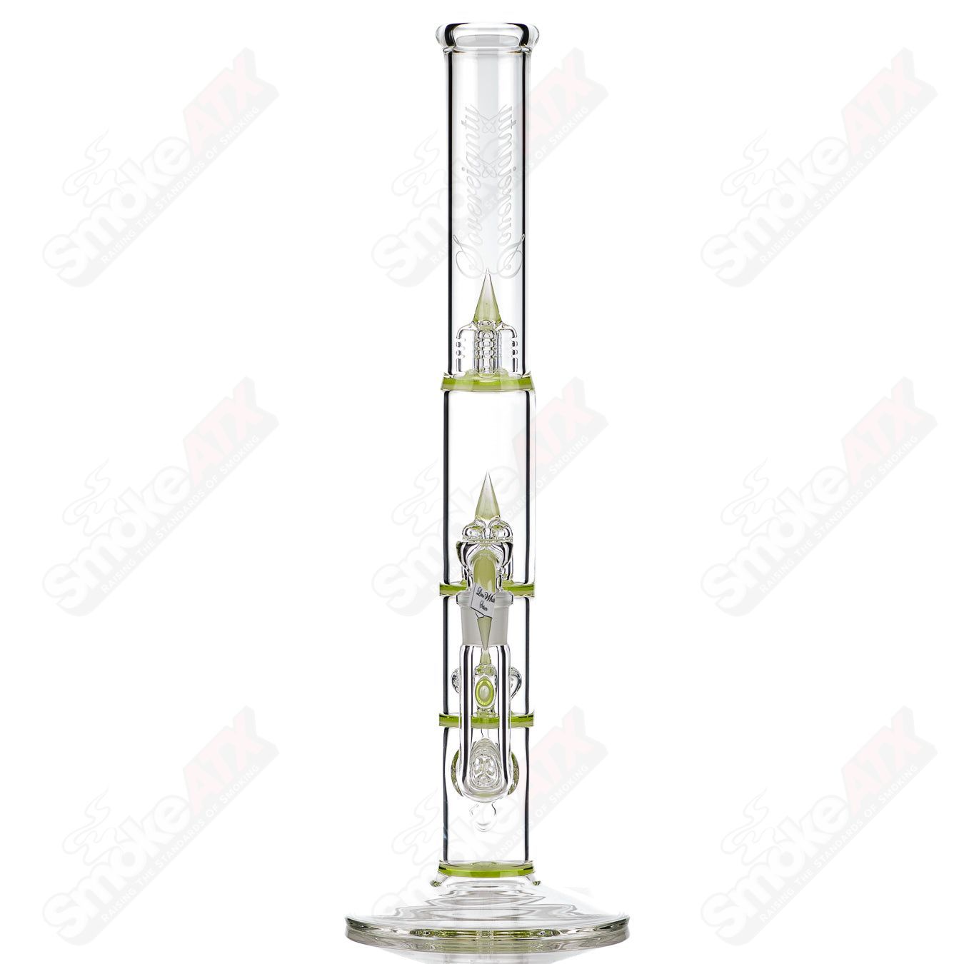 44mm Sovereignty Glass Treecycler straight tube with Lime White Satin UV splashguard and seal accents, partial design with three-line pattern.