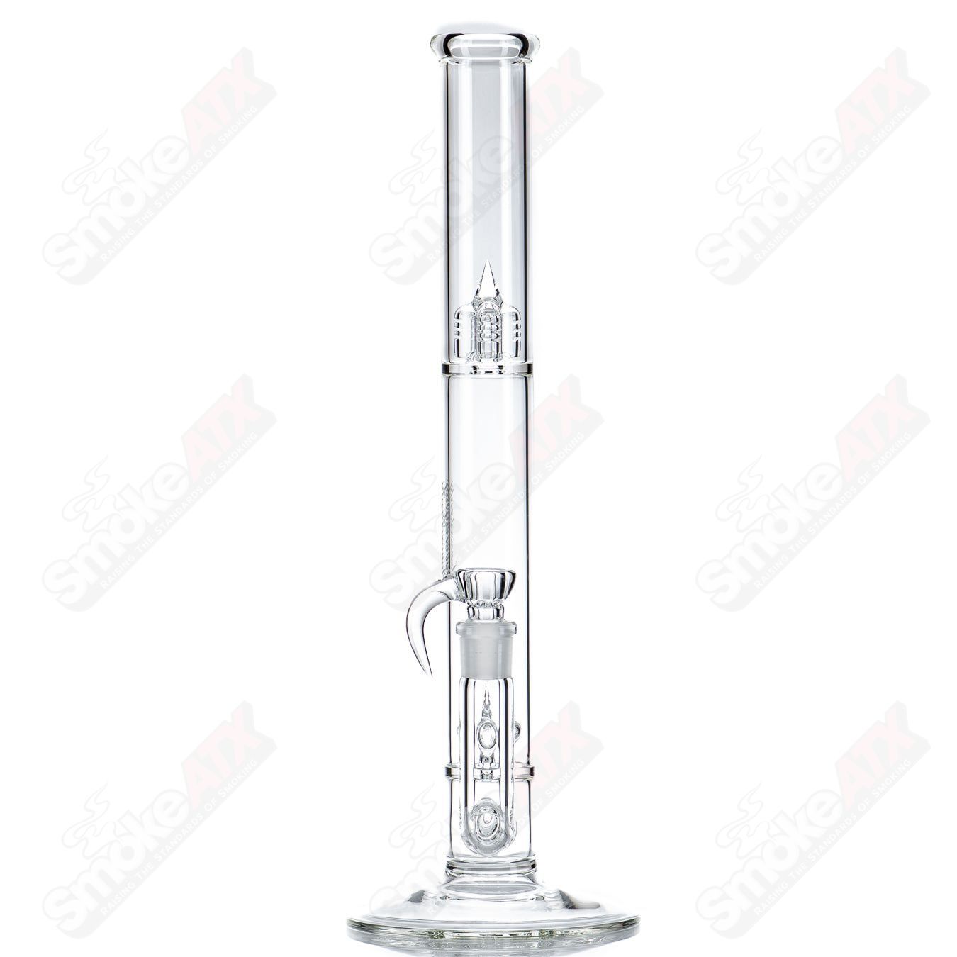 Heady glass straight tube bong with 44x4 DG Stemline to Imperial Sovereignty design, clear glass with decorative accents.
