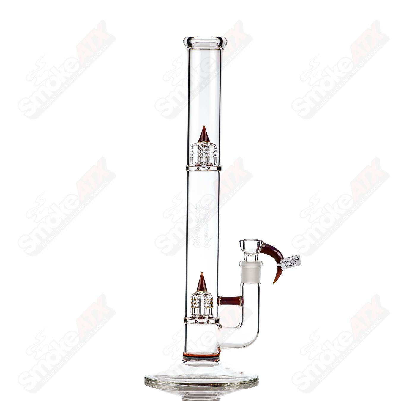 Sovereignty Glass 44x4 Inv4 Partial Accent straight tube in amber purple and lava colors, showcasing intricate glass design.