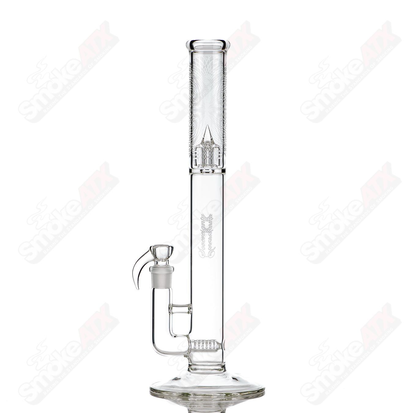 Sovereignty Glass 44x4 Stemline clear straight tube with Retti Blast design, showcasing intricate glasswork and vibrant detailing.