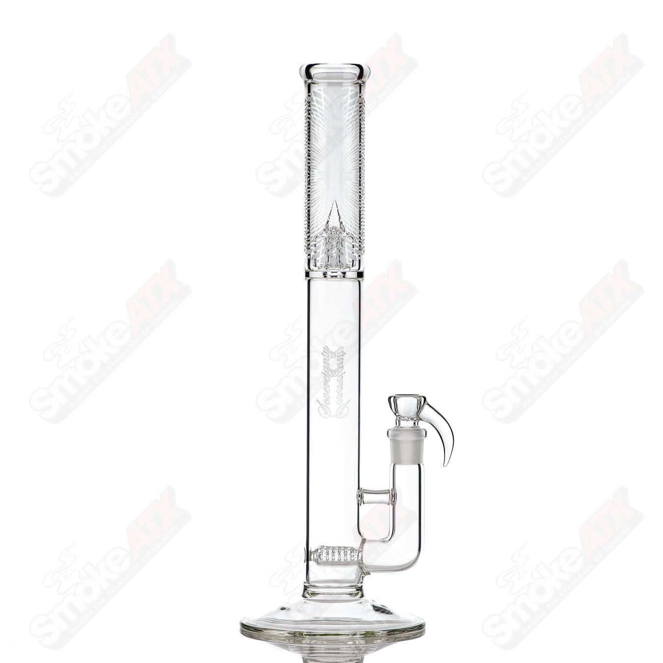 Sovereignty Glass 44x4 Stemline clear straight tube with Retti Blast design, showcasing intricate glass artwork and craftsmanship.