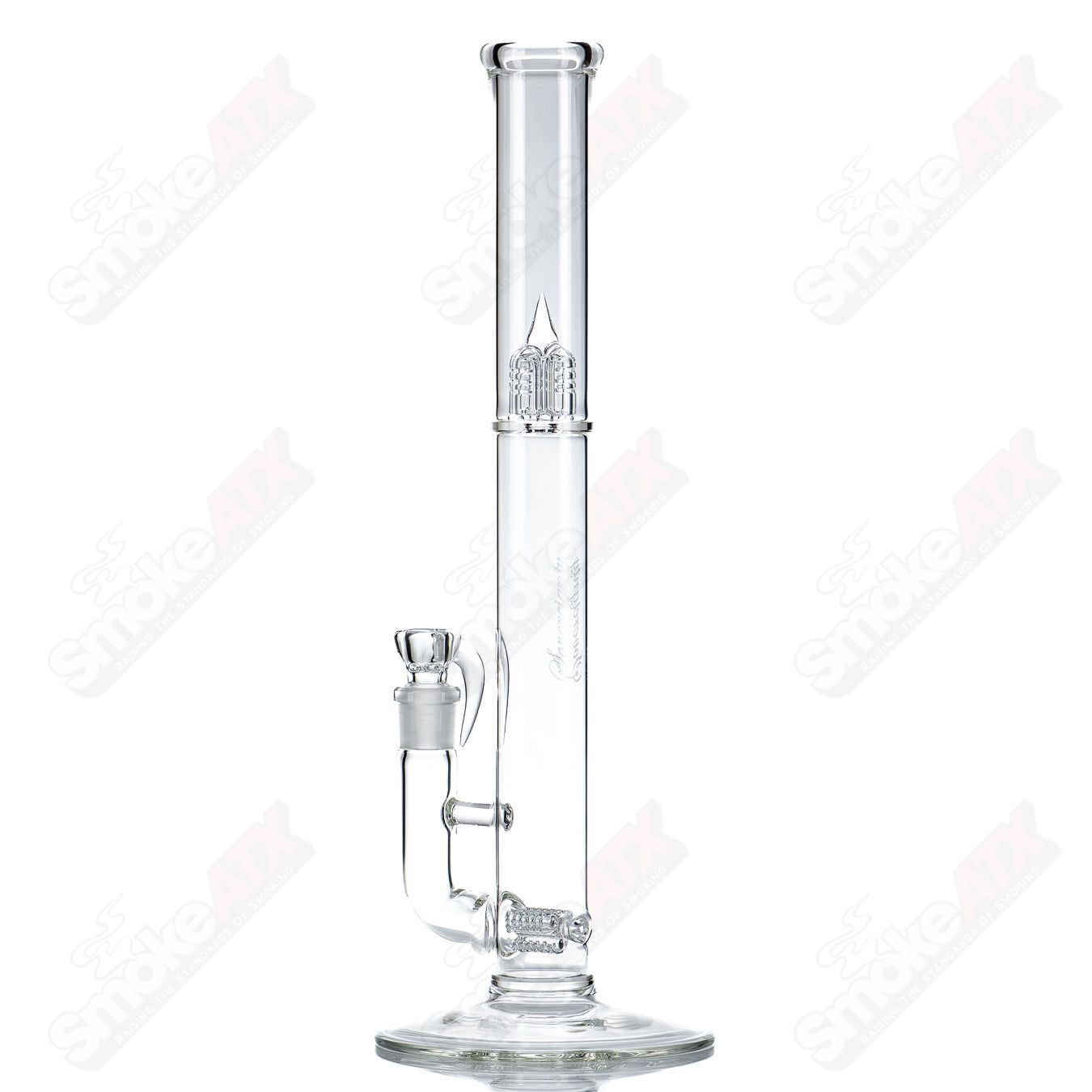 Clear Sovereignty Glass straight tube with three-line design, measuring 44x4, showcasing sleek, transparent glass craftsmanship.