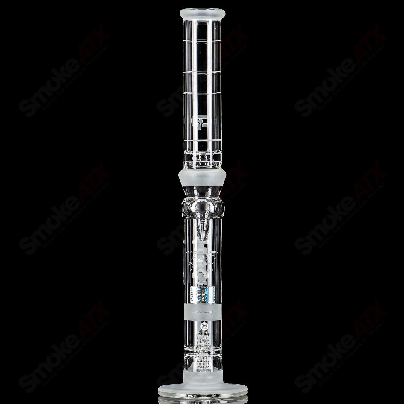 Mobius 45 T V1 Splash Trap coldworked glass waterpipe with intricate design and durable construction.