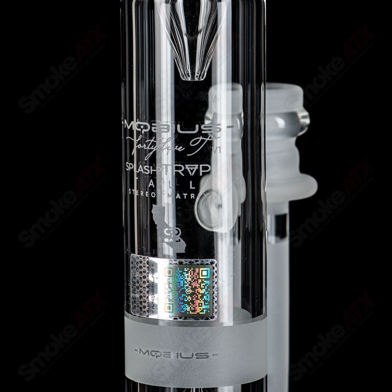 Mobius 45 T V1 Splash Trap Coldworked Glass Waterpipe with intricate design and durable construction.