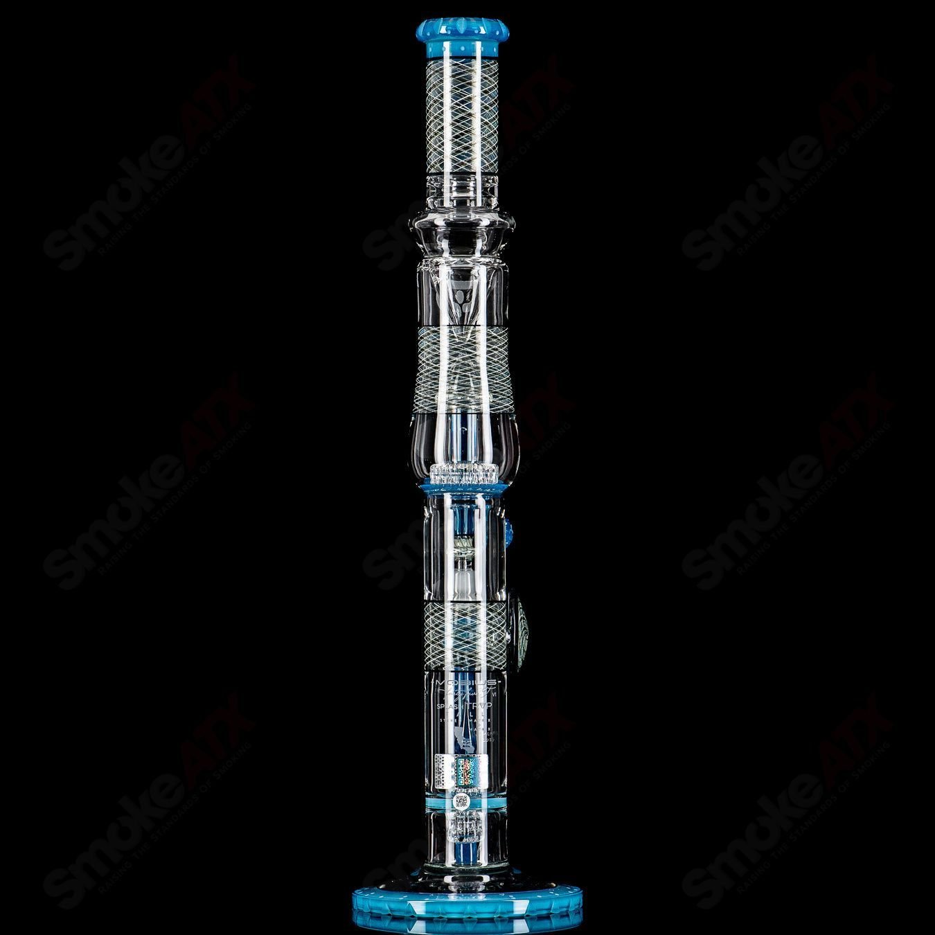 Mobius 45 T V1 waterpipe with splashtrap, stereo matrix, and matrix circle elements, featuring intricate glass design.