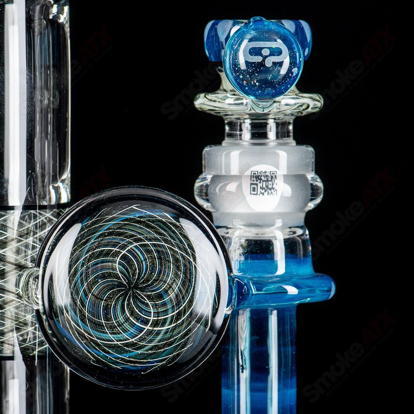 Mobius 45 T V1 glass waterpipe with splash trap, stereo matrix, and circle elements, 2025 design, detailed glass art.