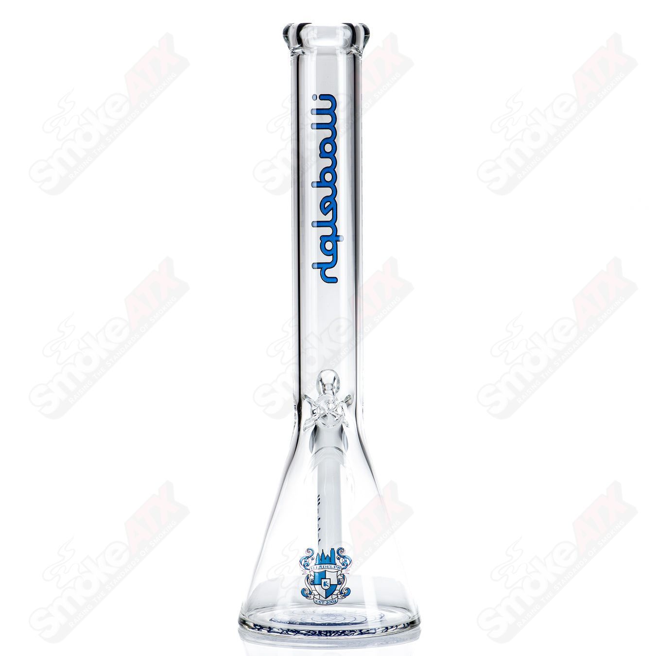 Royal blue 15-inch Illadelph glass beaker with 45mm diameter, featuring clear glass and sturdy construction.