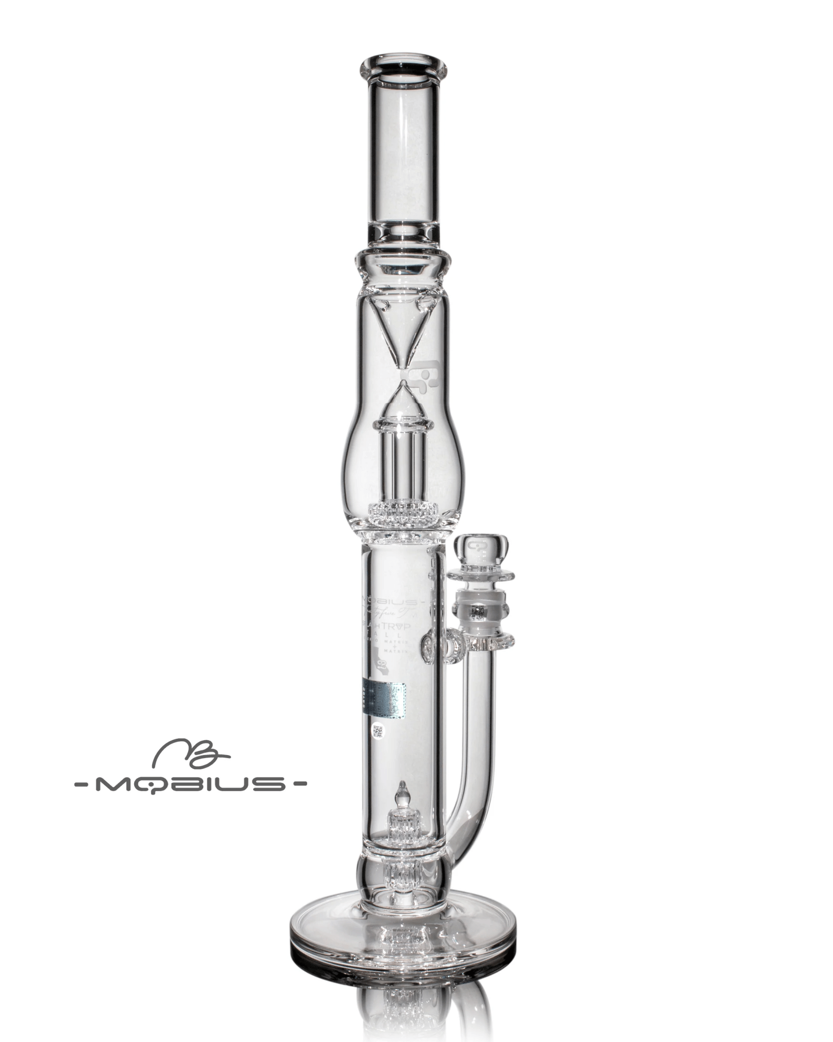 Mobius 45T Tall Stereo Matrix waterpipe with splash trap, made of glass, designed for smooth water filtration and cooling.
