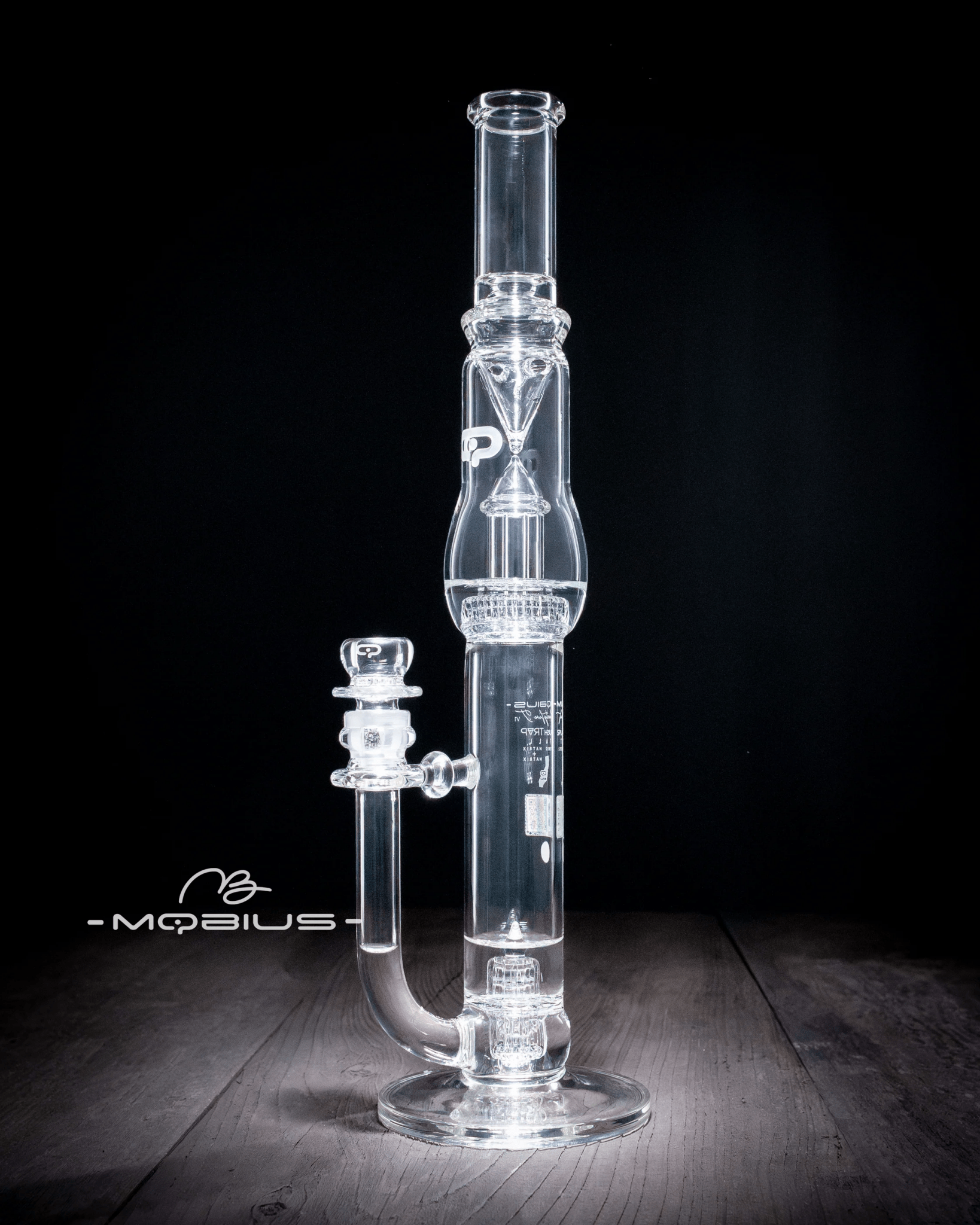 Mobius 45T Tall Stereo Matrix glass waterpipe with Matrix Splash Trap V1, featuring intricate glass design and clear glass construction.