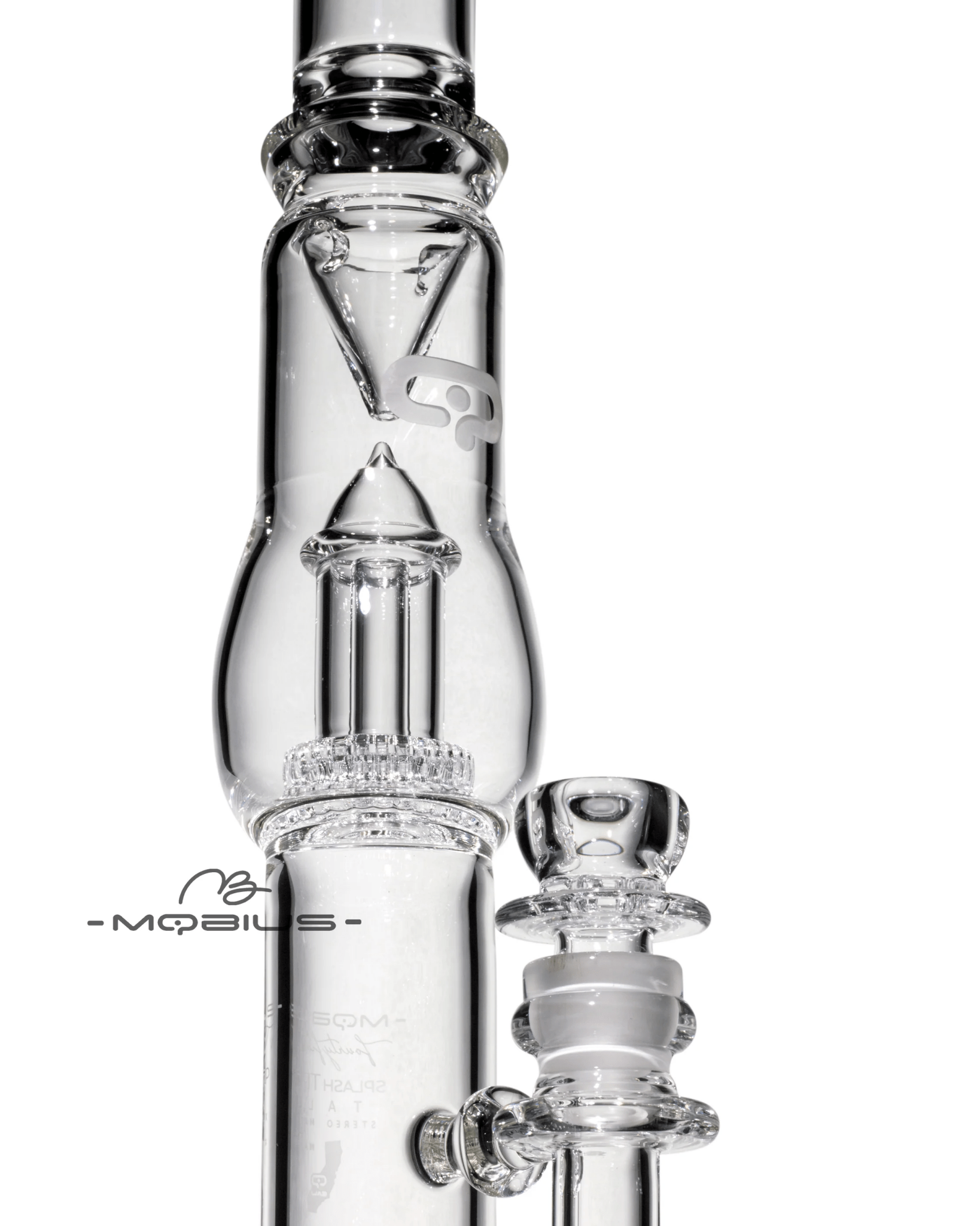 Tall Mobius Stereo Matrix waterpipe with splash trap and glass construction, featuring a sleek, modern design.