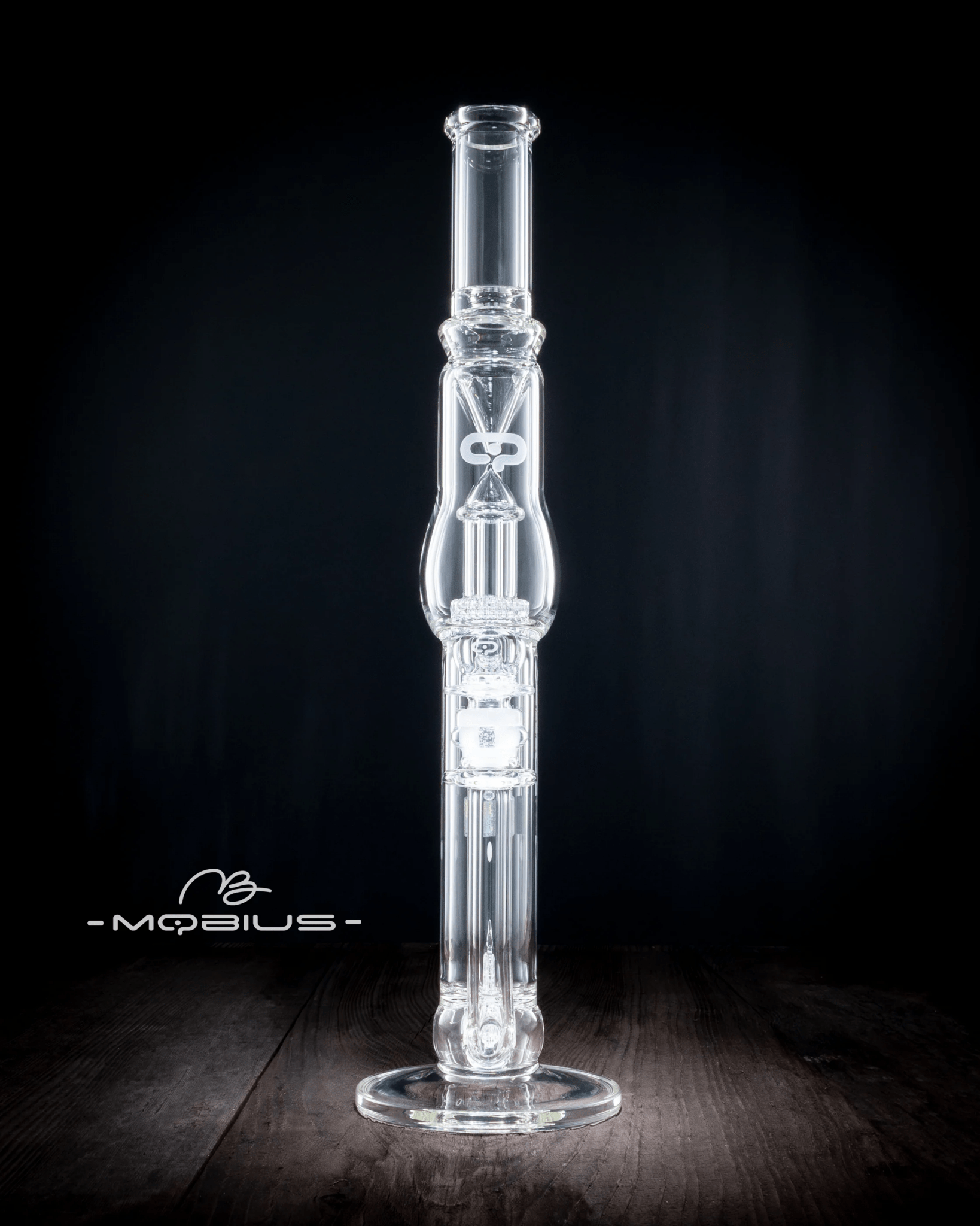 Mobius 45T Tall Stereo Matrix waterpipe with Splash Trap V1, featuring clear glass construction and intricate water filtration design.
