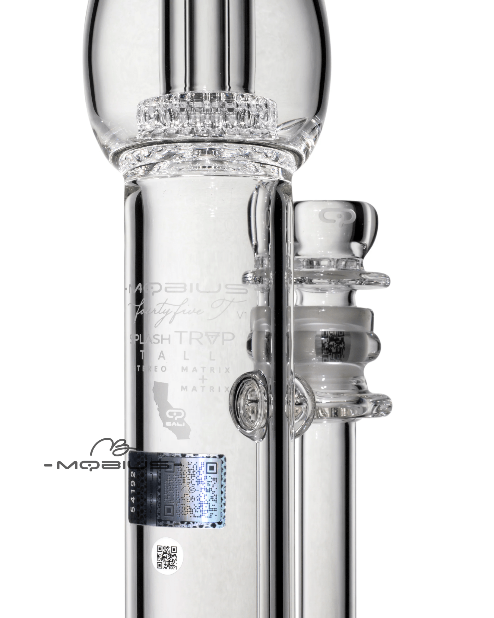 Mobius 45T Tall Stereo Matrix glass waterpipe with Splash Trap V1, featuring intricate glass design and clear tubing.