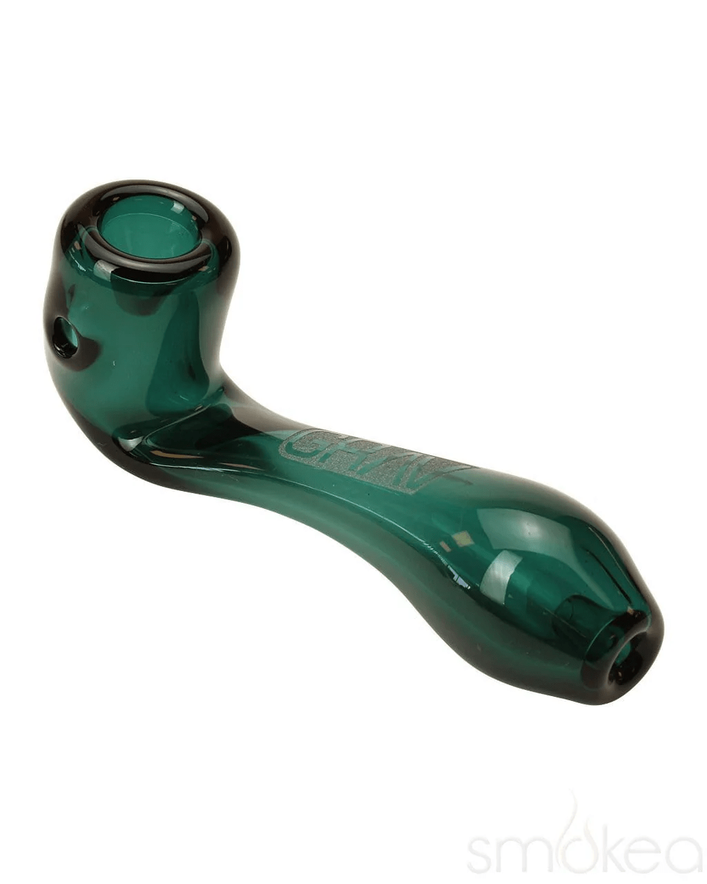 4-inch Lake Green Grav Sherlock glass pipe with a classic design, featuring a smooth, curved shape and detailed glasswork.