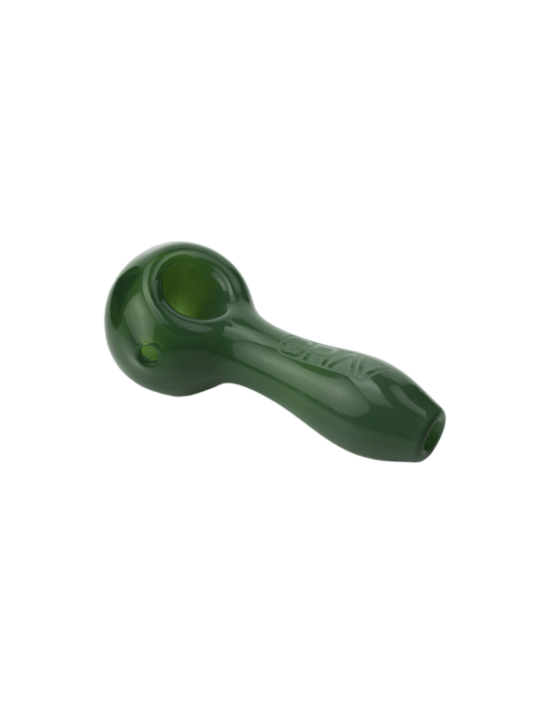 4-inch lake green glass spoon pipe by Grav Labs, showcasing smooth curves and clear glass with green accents.