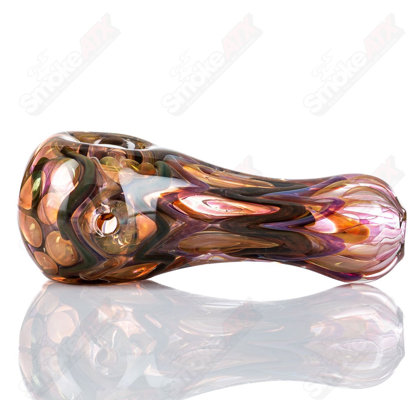 Glass pipe spoon with gold and silver fume design by Shane Smith, showcasing intricate metallic accents and transparent glass craftsmanship.