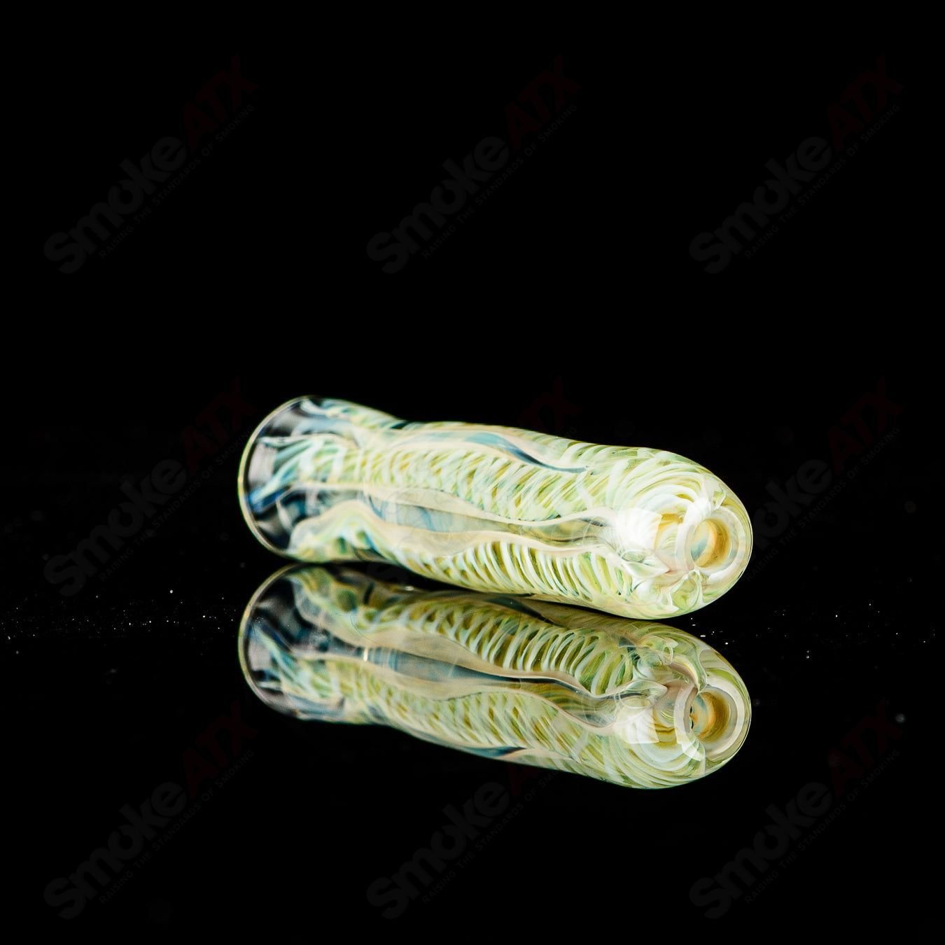 Handcrafted signed JMK Glass #5 I/O Worked Chillum with intricate glasswork, showcasing detailed craftsmanship and transparency.