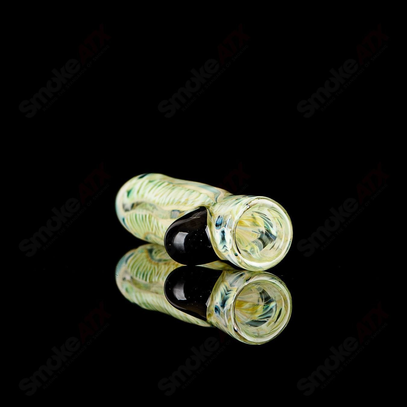 Signed JMK Glass #5 I/O Worked Chillum, clear glass smoking pipe with intricate design details and a smooth finish.