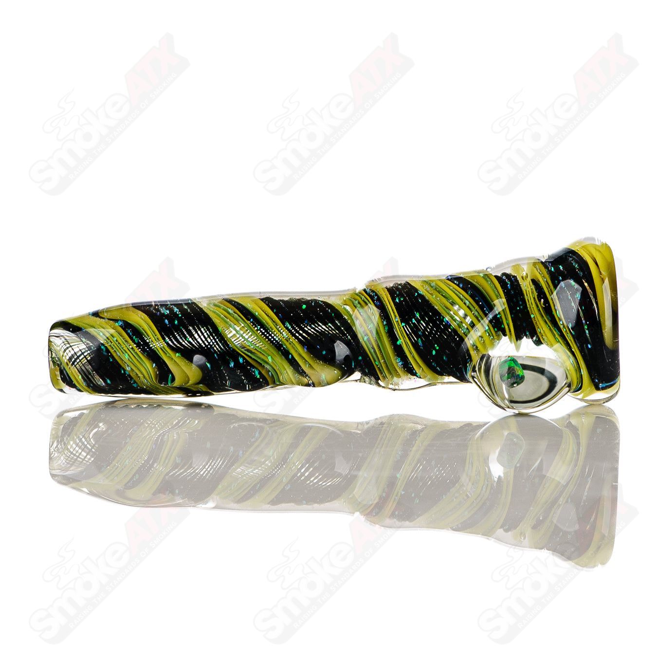 Glass Chillum called #5 Opal Hitter from Rotational Science featuring a colorful opal design and compact shape.