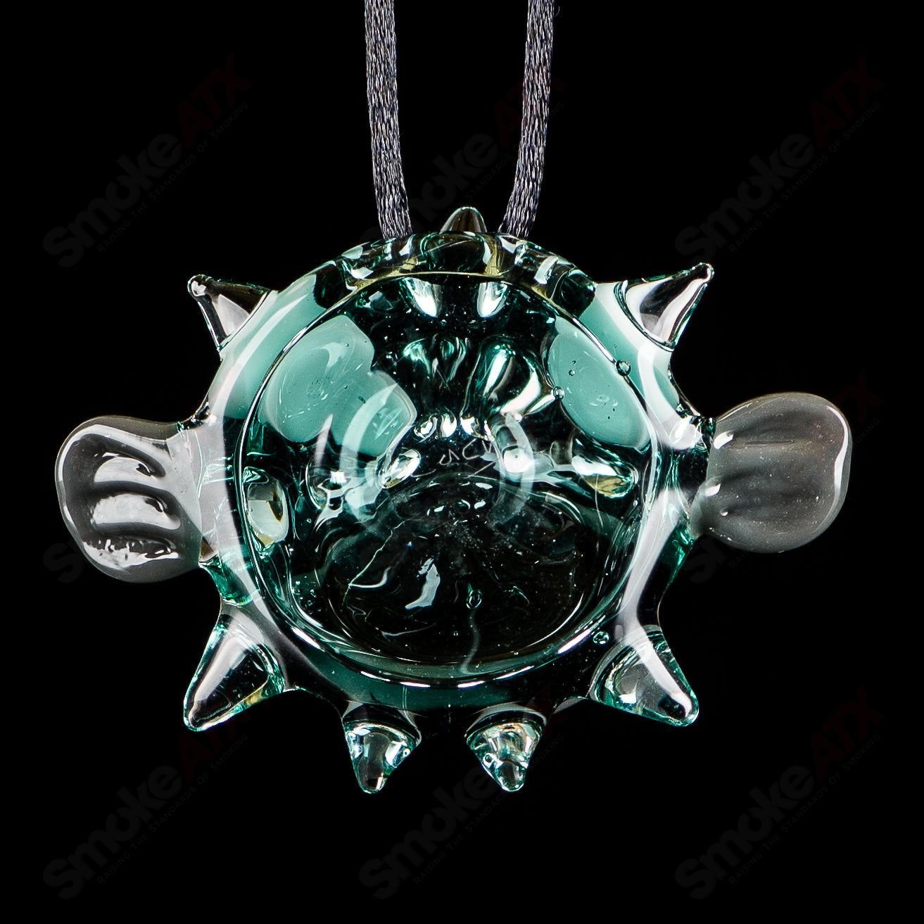Chadd Lacy Glass #5 Puffer Pendant featuring colorful heady glass design on a clear pendant, hanging from a metal chain.