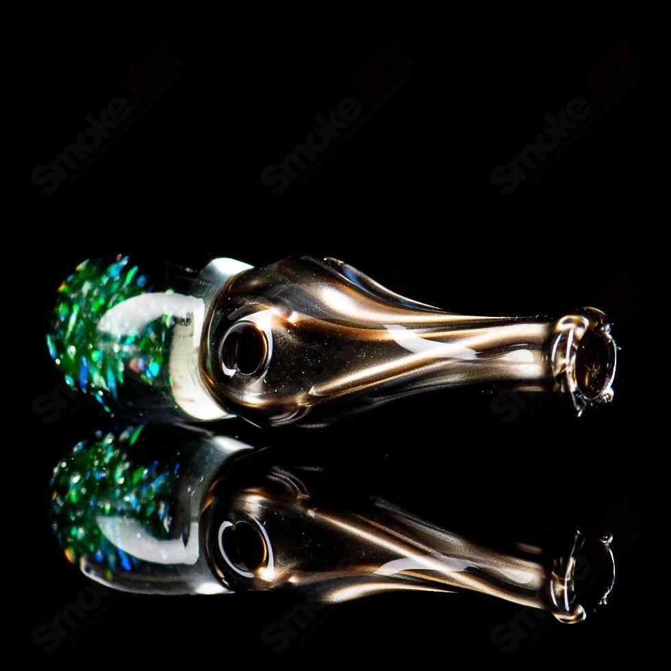 Colorful UV-reactive Puffco Joystick head by Geoff Made Glass, designed for Indo x Puffco Tops, showcasing intricate glass detailing.