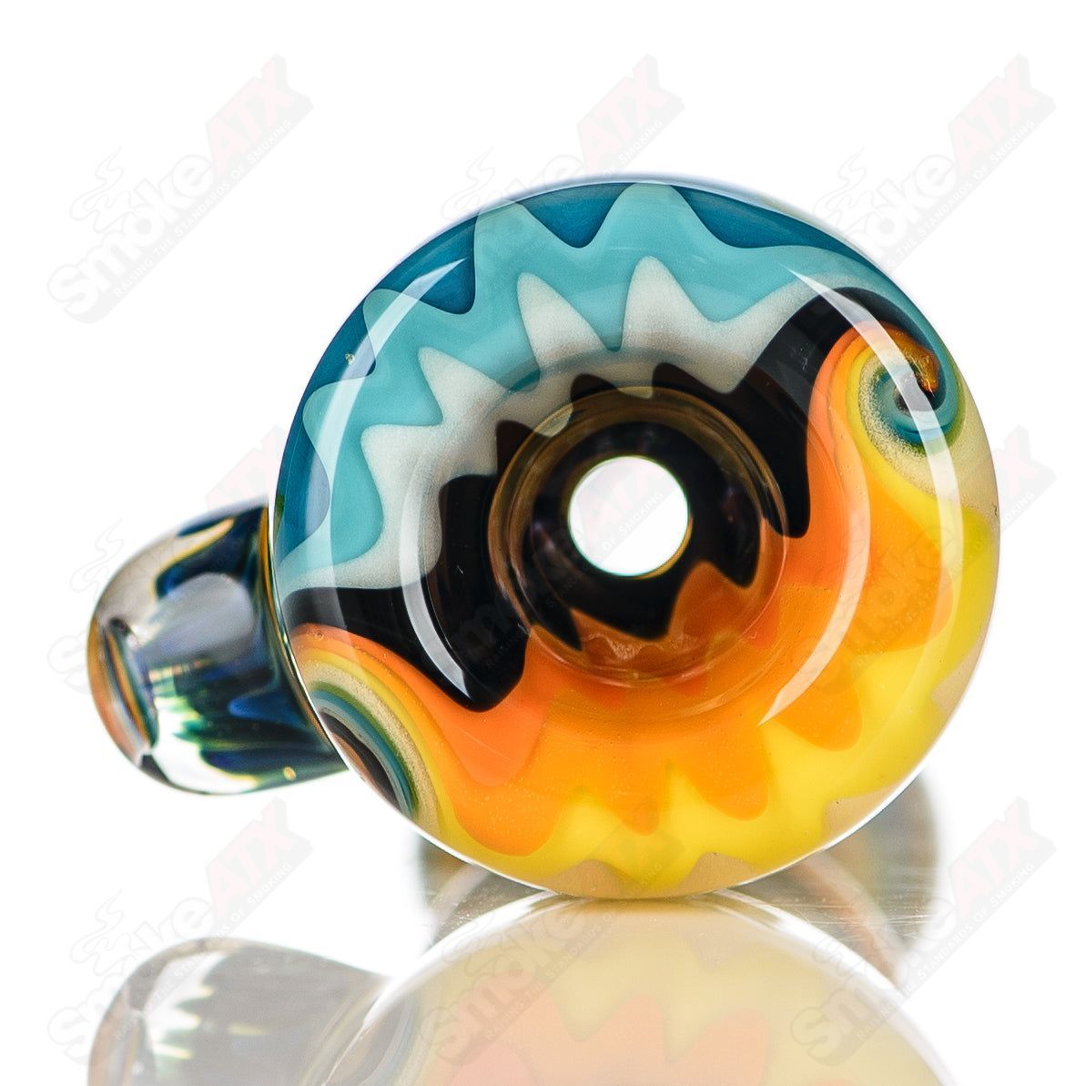 Katy Wright Glass Heady Chillum with Wig Wag design, colorful glass pipe for smoking, featuring intricate glass art and vibrant patterns.