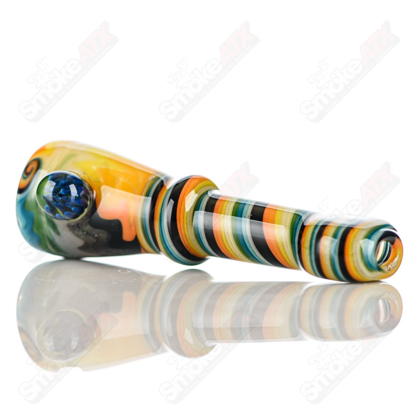 Katy Wright Glass Wig Wag Chillum, colorful heady glass pipe with intricate wig wag design, designed for smoking enjoyment.