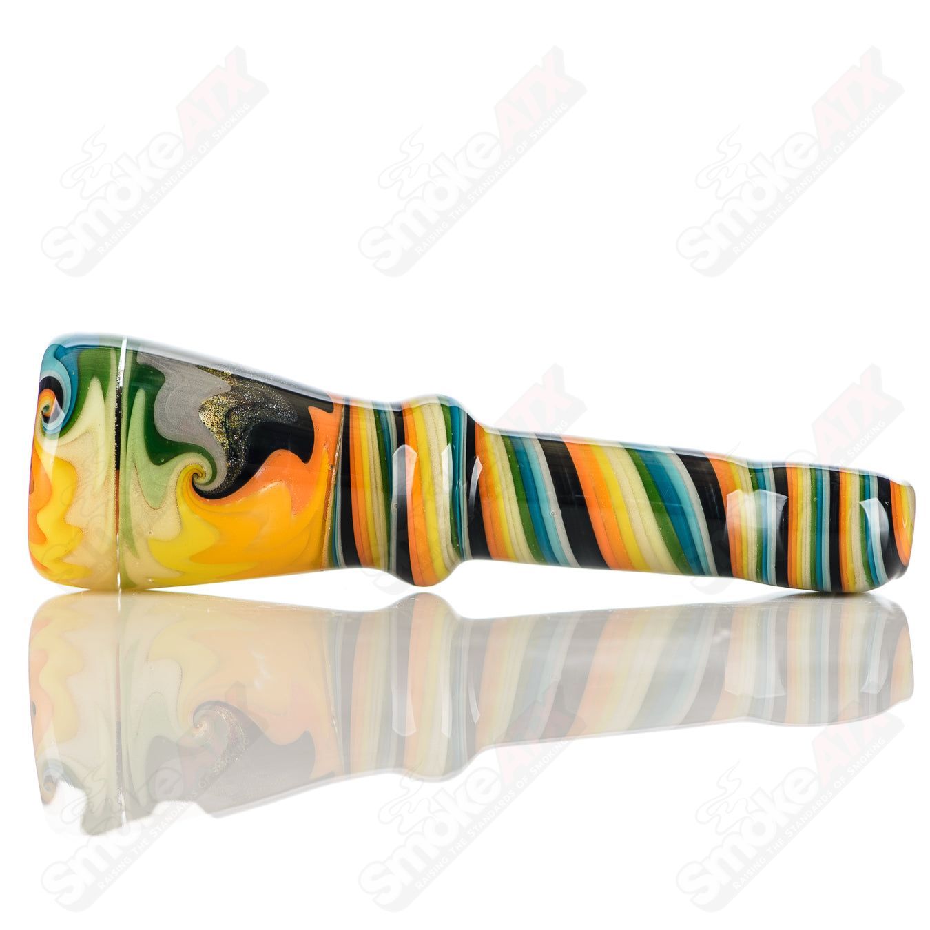 Katy Wright Glass Wig Wag Chillum, colorful heady glass pipe with intricate wig wag design, designed for smoking sessions.
