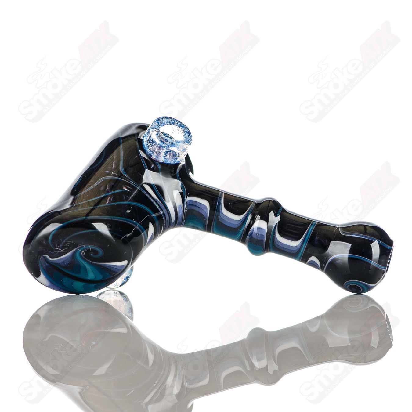 Katy Wright Glass Wig Wag Hammer Dry Pipe, heady glass hand pipe with colorful wig wag design and textured hammer shape.