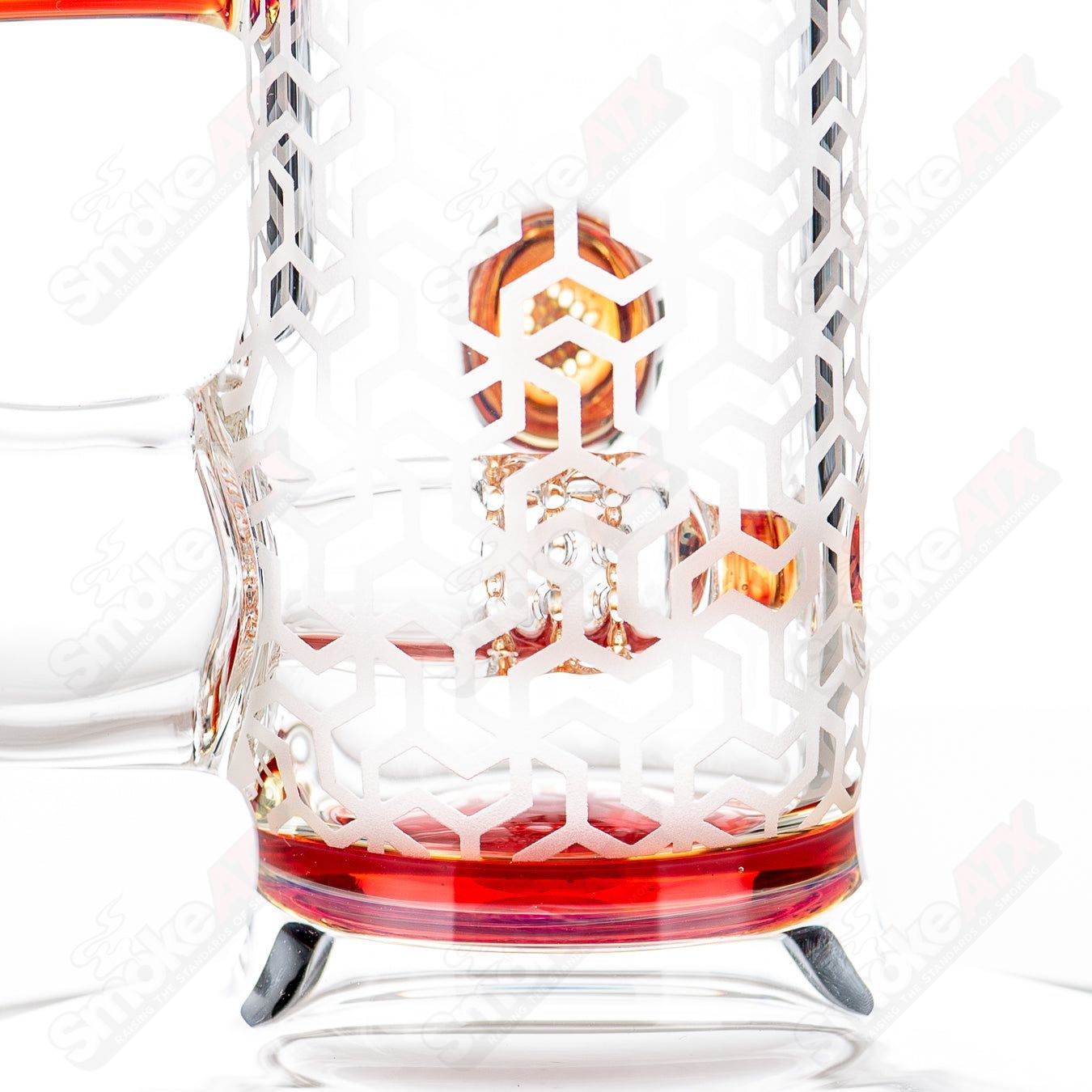 Sovereignty Glass straight tube with 50mm grid dome, 3-cut 360 stemline, partial accents, and patterned blasted design.