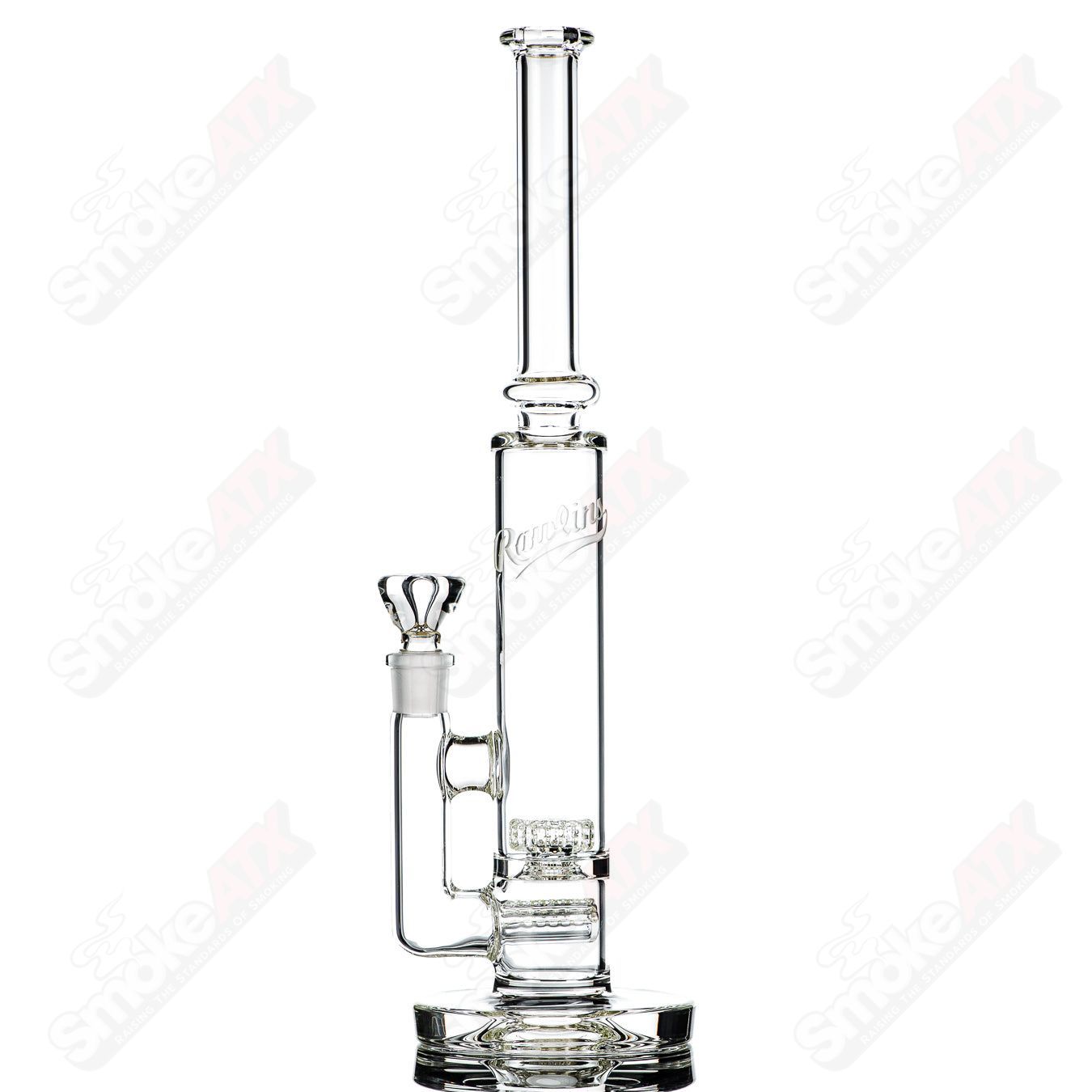 50mm UV Horizonline and Helix Perc Tube by Rawlins Glass, clear straight heady glass bong with vibrant UV effects.