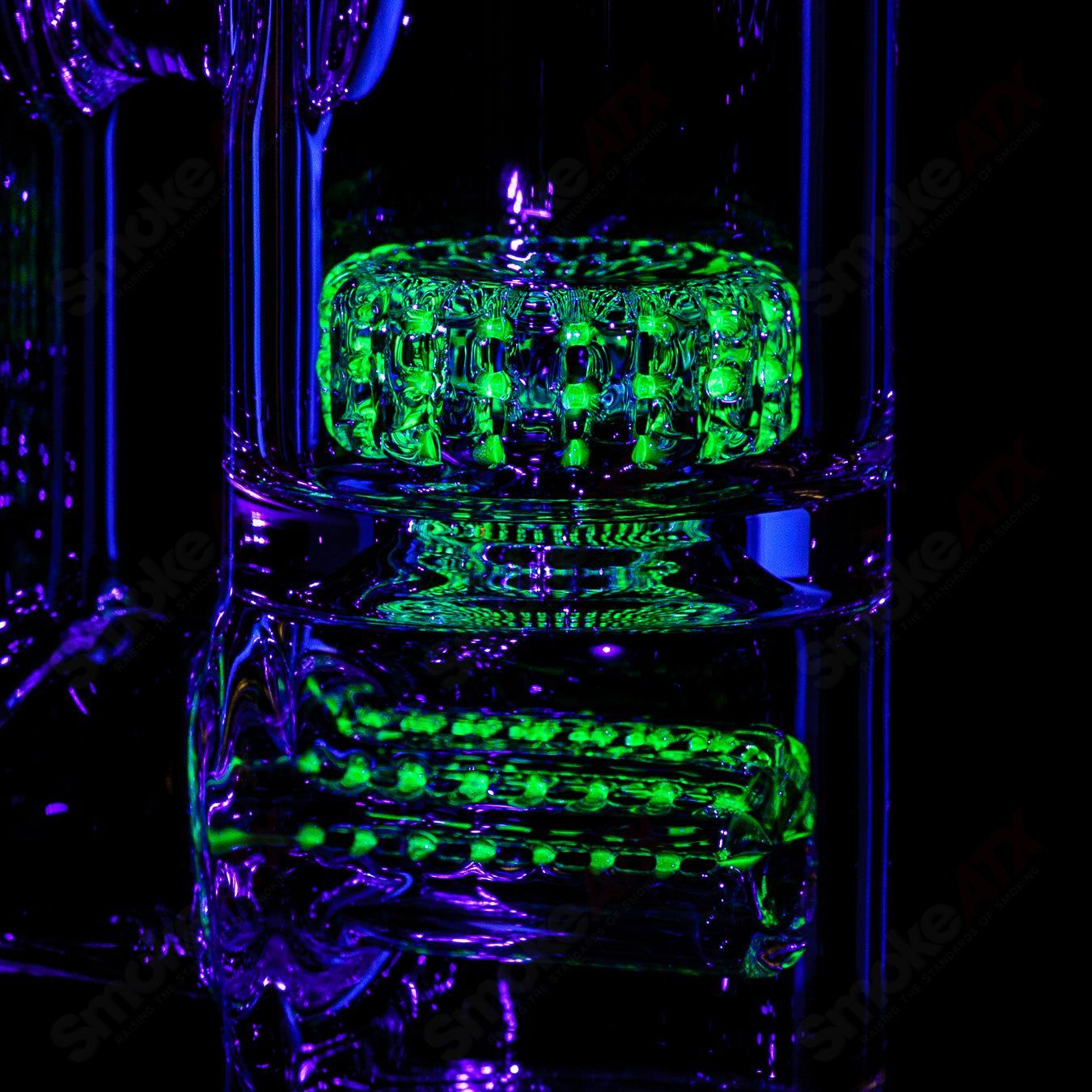 50mm UV Horizonline and Helix Perc Tube by Rawlin's Glass, straight heady glass tube with vibrant UV-reactive design.