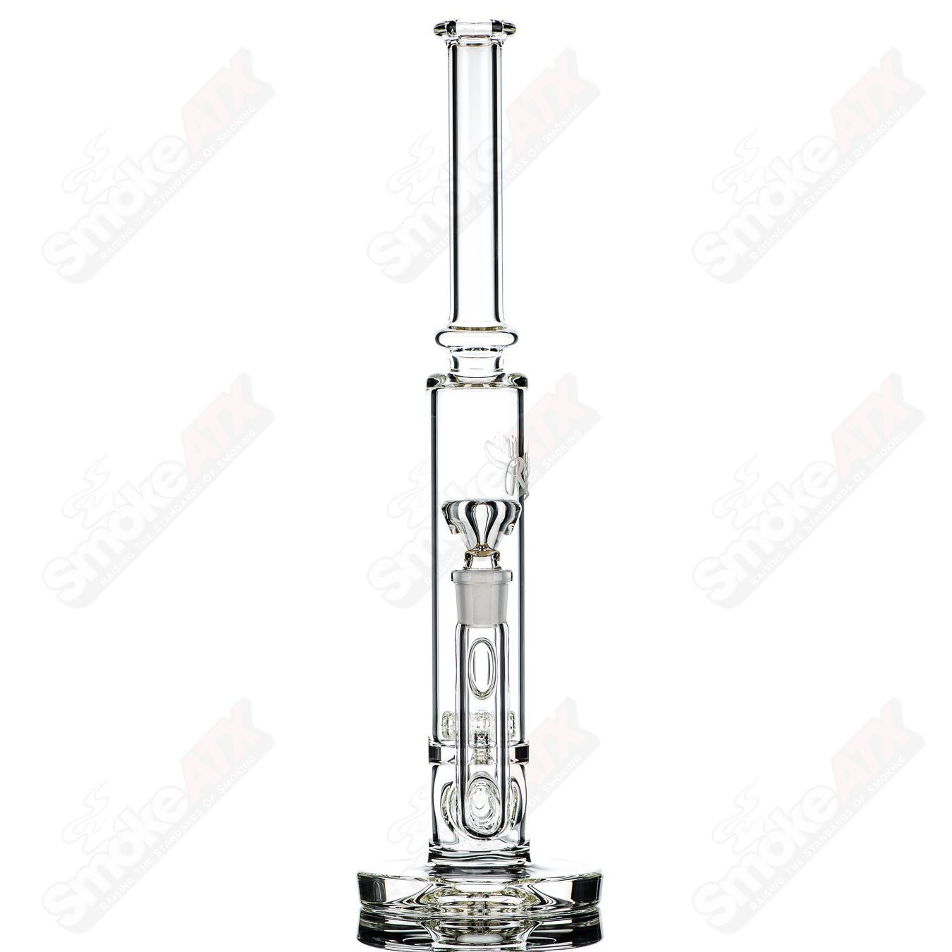 50mm UV Horizonline/Helix Perc Tube by Rawlins Glass, clear straight heady glass tube with colorful UV-reactive design.